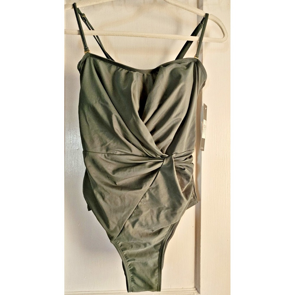 NWT NICOLE MILLER one piece bandeau w/drape twist knot swimsuit dark green Sz M